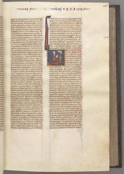 Fol. 36r, Tredje Mosebok, historisk initial V, Moses offrar ett offerlam på ett altare, ca. 1275-1 av Unbekannt