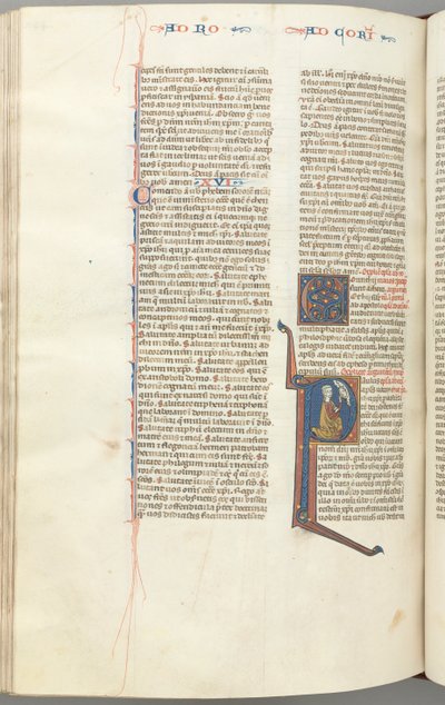 Fol. 440v, Korinthierbrevet I, historisk initial P, Paulus knäböjer och pratar med Guds byst ovan, ca. av Unbekannt