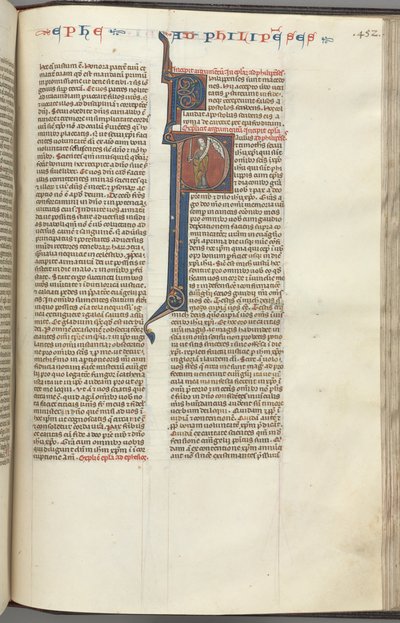 Fol. 452r, Filipperbrevet, historiker initial P, Paulus står med ett svärd och en rulla och pratar med t av Unbekannt