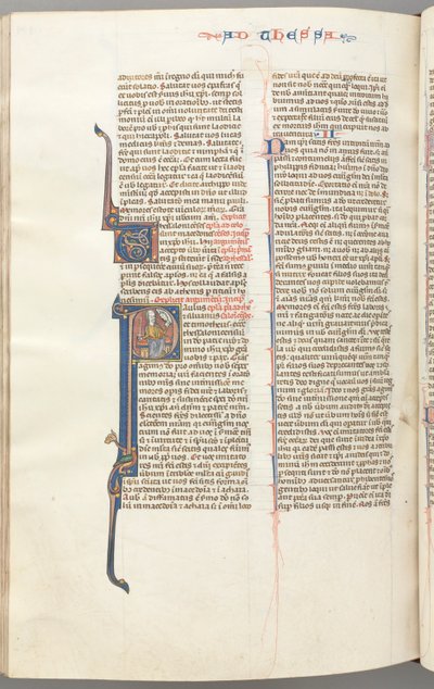 Fol. 454v,Thessalonikerbrevet I, historisk initial P, Paulus sittande med ett svärd och en bok..., ca. 1275-13 av Unbekannt
