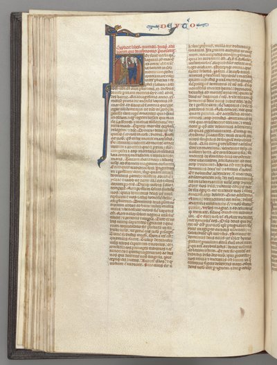 Fol. 62v, Femte Mosebok, historisk initial H, Moses med horn och skriftrullepredikan..., ca. 1275-1300 av Unbekannt