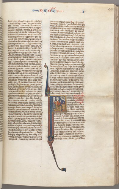 Fol. 98r, Kings I, historisk initial F, Elkana och Hanna knäböjer framför ett altare..., ca. 1275-13 av Unbekannt