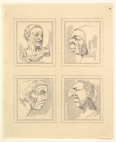 Fyra huvuden från Characaturas av Leonardo da Vinci, från teckningar av Wincelslaus Hollar, o..., 1786. av Unbekannt