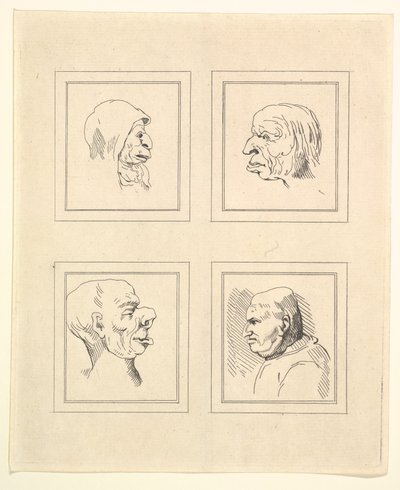 Fyra huvuden från Characaturas av Leonardo da Vinci, från teckningar av Wincelslaus Hollar, o..., 1786. av Unbekannt