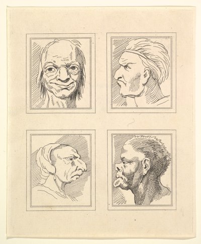 Fyra huvuden från Characaturas av Leonardo da Vinci, från teckningar av Wincelslaus Hollar, o..., 1786. av Unbekannt