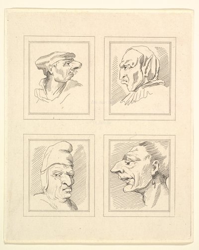 Fyra huvuden från Characaturas av Leonardo da Vinci, från teckningar av Wincelslaus Hollar, o..., 1786. av Unbekannt