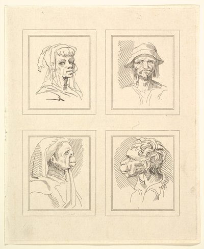 Fyra huvuden från Characaturas av Leonardo da Vinci, från teckningar av Wincelslaus Hollar, o..., 1786. av Unbekannt