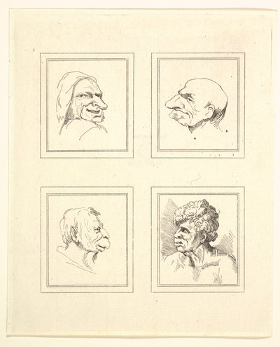 Fyra huvuden från Characaturas av Leonardo da Vinci, från teckningar av Wincelslaus Hollar, o..., 1786. av Unbekannt