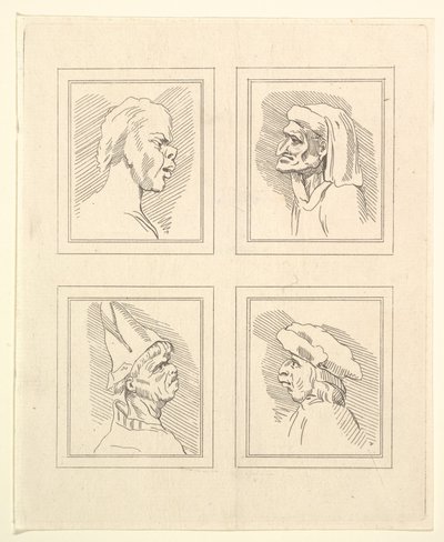 Fyra huvuden från Characaturas av Leonardo da Vinci, från teckningar av Wincelslaus Hollar, o..., 1786. av Unbekannt