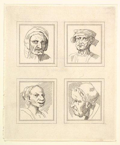 Fyra huvuden från Characaturas av Leonardo da Vinci, från teckningar av Wincelslaus Hollar, o..., 1786. av Unbekannt