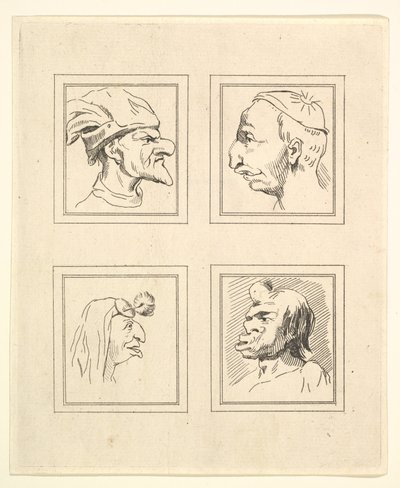 Fyra huvuden från Characaturas av Leonardo da Vinci, från teckningar av Wincelslaus Hollar, o..., 1786. av Unbekannt