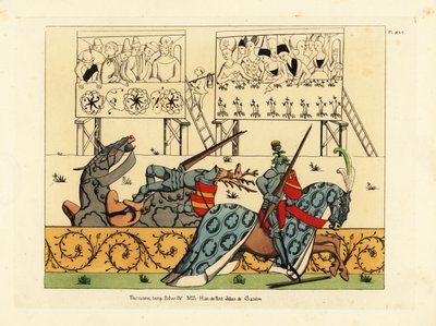 Den franske riddaren Jean de Saintre i rodret med tistelvapen besegrar den spanske riddaren Enguerrant i rodret med svensexa i en tornerspel från manuskriptet Histoire de Petit Jehan de Saintre, sent 1400-tal av Unbekannt