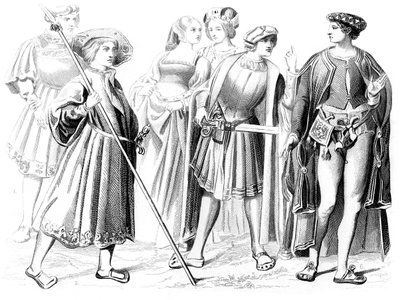 Franska adelsmän och kvinnor, en gardets yeomen och en gentleman, 1400-talet 1849 av Unbekannt