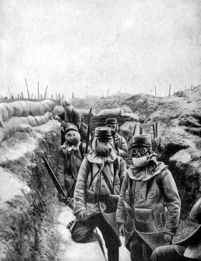 Franska soldater i improviserade gasmasker, 1915 av Unbekannt