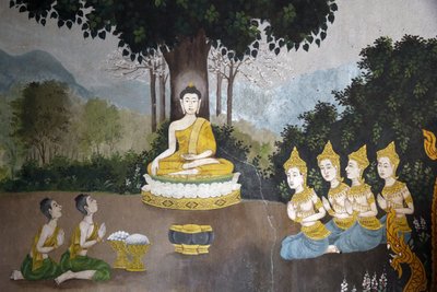 Fresk som visar en scen av Buddhas liv i Wat Phra Doi Suthep, Chiang Mai. Buddha tar emot allmosor. Thailand av Unbekannt