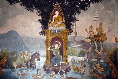 Fresk som visar en scen av Buddhas liv i Wat Phra Doi Suthep, Chiang Mai. Phra Mae Thorani vrider sitt långa hår och strömmar av vatten skapar en översvämning. Thailand av Unbekannt