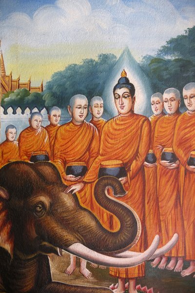 Fresk föreställande Buddhas sangha med en elefant i Wat Chiang Mun, Chiang Mai. Thailand av Unbekannt