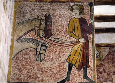 Fresk av Ferrande-tornet i Pernes-les-Fontaines (Pernes les Fontaines, Vaucluse (84) från 1200-talet: En Palefrenier som håller drottningarna av tre hästar. av Unbekannt