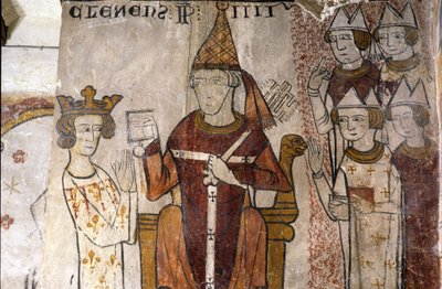 Fresk av Ferrande-tornet i Pernes-les-Fontaines (Pernes les Fontaines, Vaucluse (84)) från 1200-talet: Karl I av Anjou (1226-1285) investerades i kungariket Sicilien den 28/06/1265 av påven Klemens IV (v. 1195-1268). av Unbekannt