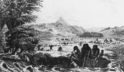 Fuegians i Woollya, med Fitzroys expeditionsläger i bakgrunden, 1831 1839 av Unbekannt