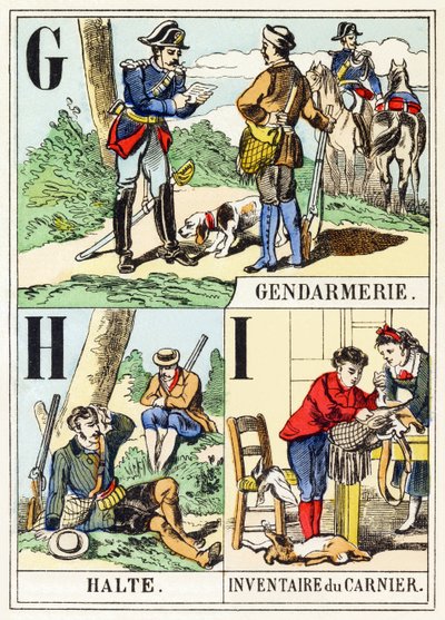 G H I: Gendarmerie, Halte, Inventaire du gamenier - The Hunting Alphabet, c.1890 (gravyr) av Unbekannt