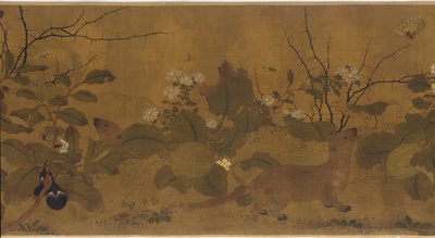 Trädgårdsscen: meloner, äggplantor, blommor och två vesslor, 1368-1644. av Unbekannt