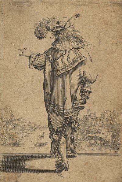 Gentleman sedd bakifrån som indikerar ett landskap, efter 1629. av Unbekannt
