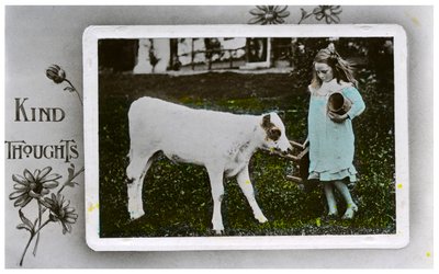 Flicka som ska mjölka en ko, gratulationskort, c1890-1910 av Unbekannt