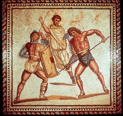 Gladiatorer på arenan, romersk mosaik, Saarbrücken, Tyskland av Unbekannt
