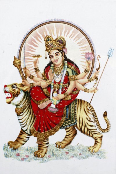Gudinnan Sherawali (Durga) Rider på en tiger Rishikesh Indien av Unbekannt