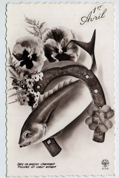 Gratulationskort för 1 april: en fisk, en hästsko, en fyrbladig trefle och tankar - Vykort sent 1800- och 1900-tal av Unbekannt