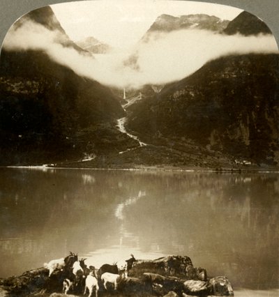 Grytereidsglaciären glittrar ovanför drivande moln, över den lugna sjön Olden, Norge, c1905. av Unbekannt