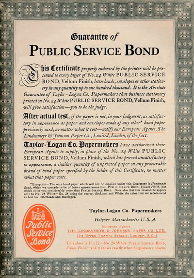 Garanti för public service obligation - Taylor-Logan Co. Papermakers annons, 1919 av Unbekannt