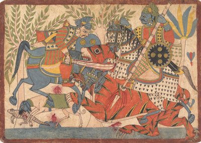 Harishchandra och hans minister Killing a Tiger folio från en Harishchandra-serie, 1800-1850. av Unbekannt