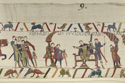 Harold och greve Guy av Ponthieu pratar tillsammans i Beaurain, Bayeux Tapestry (ullbroderi på linne) av Unbekannt