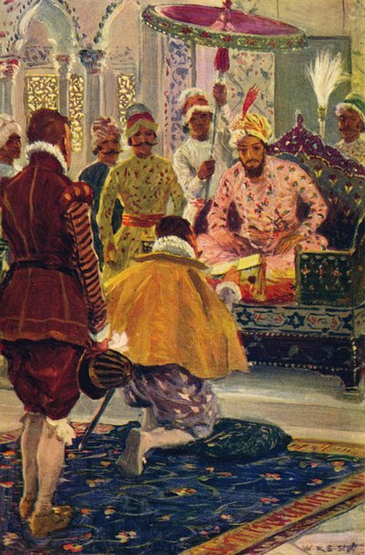 Hawkins presenterar King Jamess brev till den store mogulen, 1608 c1912 av Unbekannt