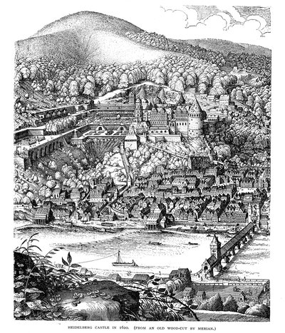 Heidelbergs slott och stad sett över Neckarfloden, Tyskland, 1620 av Unbekannt
