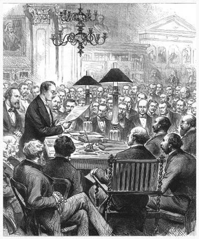 Heinrich Schliemann föreläser i London, 1877 av Unbekannt