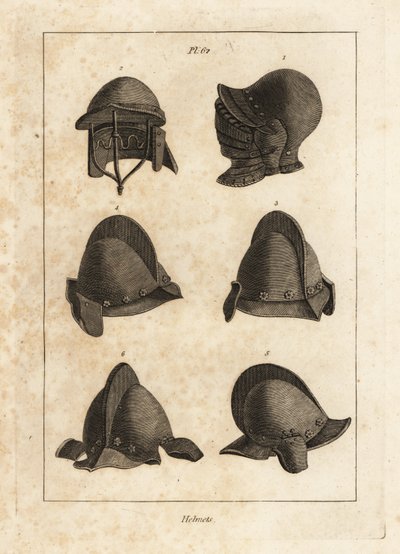 Hjälm med nedåtgående dryck i Tower of London 1, dubbelstång hjälm 2 och rea med oreillets eller hörsnäckor 3-6 av Unbekannt