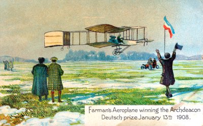 Henri Farman, fransk flygare, vinnande pris för första cirkulära kilometerflygningen, Paris, januari 1908 av Unbekannt