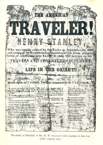 Henry M. Stanley, Handbill från Lecture Tour in America, vid 31 års ålder upptäckte Dr.Livingstone i Afrika av Unbekannt