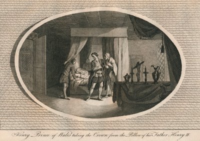 Henry, prins av Wales tar kronan från kudden av sin far Henrik IV, 1413 1793 av Unbekannt