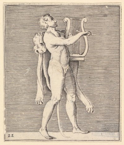 Hercules spelar en lyra, ett lejonskinn draperat över axeln, publicerat ca. 1599-1622. av Unbekannt
