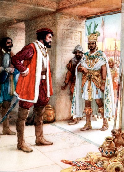 Hernan Cortes möter den aztekiske kejsaren Montezuma, 1519 av Unbekannt