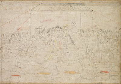 Hinduiska guden Krishna är klädd i damkläder för vårfestivalen Holi, ca. 1790. av Unbekannt