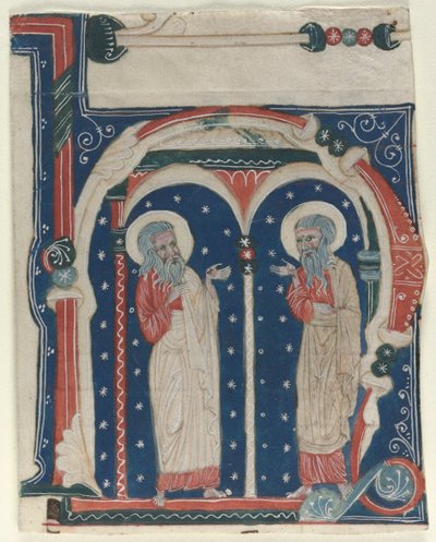 Historikerad initial H Utskuren från ett antifonarium: SS. Eremiten Paul och Antonius, c1200-1230. av Unbekannt