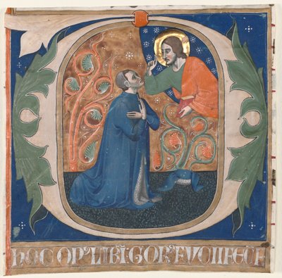 Historikerad initial O Utskuren från ett antifonarium: The Donor, Gorus Fucci, Kneels before Christ, c av Unbekannt