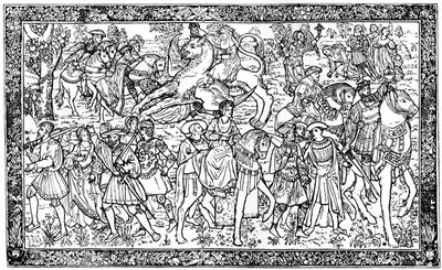 Historiska och allegoriska figurer, gobeläng på Hampton Court Palace, Richmond, London, 1930 av Unbekannt