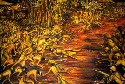 Historia; kolonialstyre; målning; slåss; holländarnas kamp mot balineserna 1908; museum i Taman Gili-palatset; Klungkung; Semarapura; Bali; Indonesien; Sydöstra Asien; Asien av Unbekannt