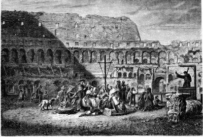 Det antika Roms historia. Fastepredikan av Colosseums insida. Tryck 1800 av Unbekannt